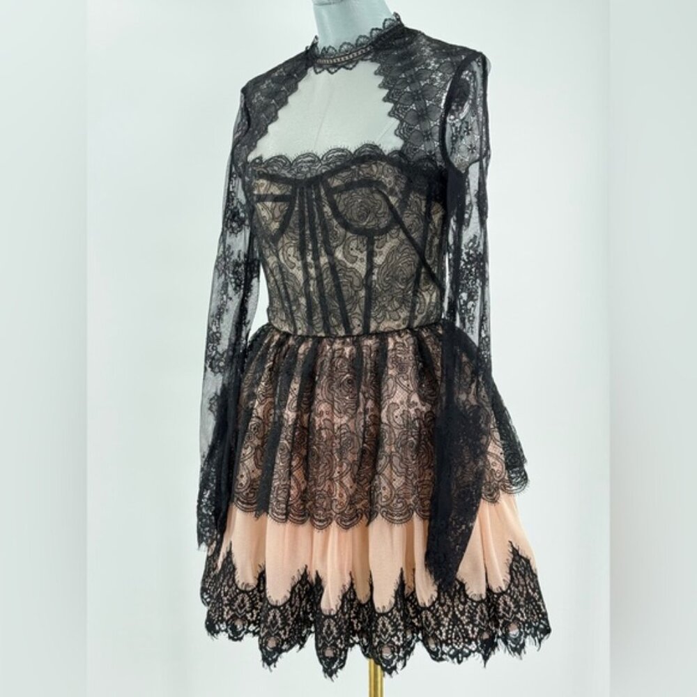 🆕 BRONX & BANCO 🧿 NWOT Daphne Illusion Lace Long Sleeve Mini Dress, Sz M US 6 - Picture 2 of 13